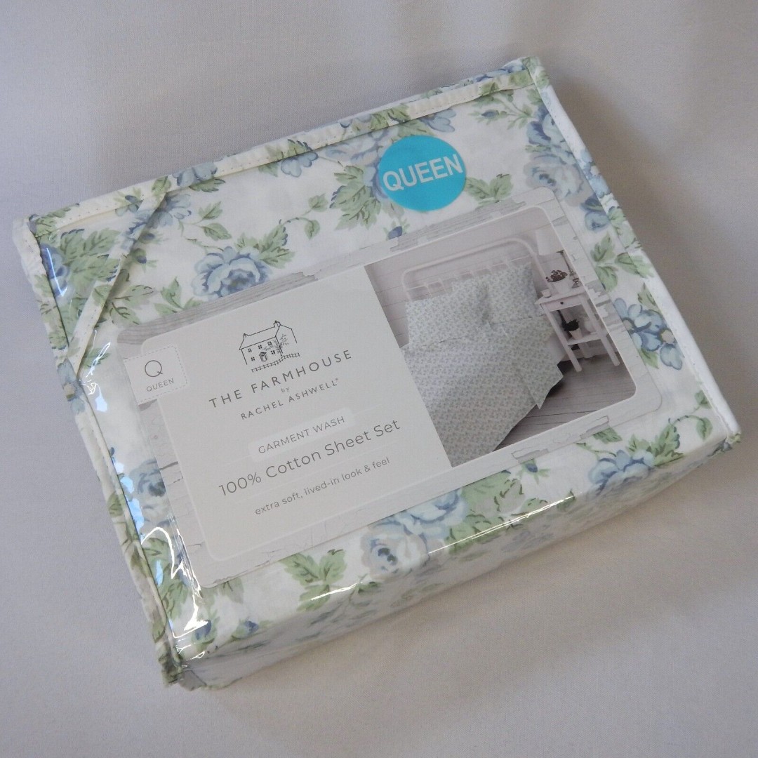 R. Ashwell Farmhouse Shabby Chic QUEEN Sheet Set White Blue Green Floral Cotton