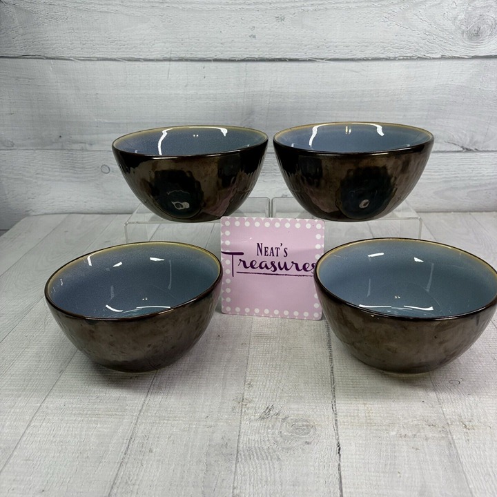 Food Network ANGELICA Blue Bronze Metallic Stoneware Soup Cereal Bowls Set of 4
