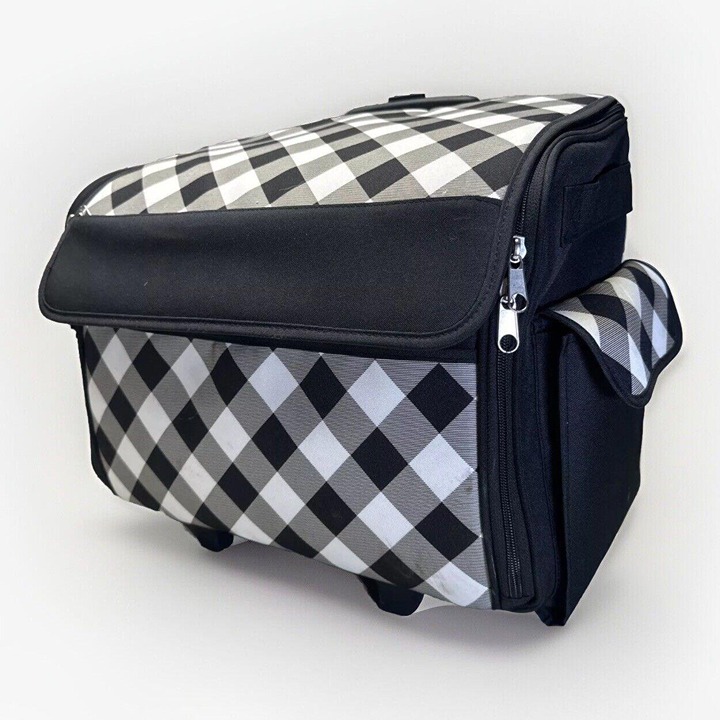 Plaid Black & White Rolling Tote Sewing Machine Wheeled Carrier Storage Bag