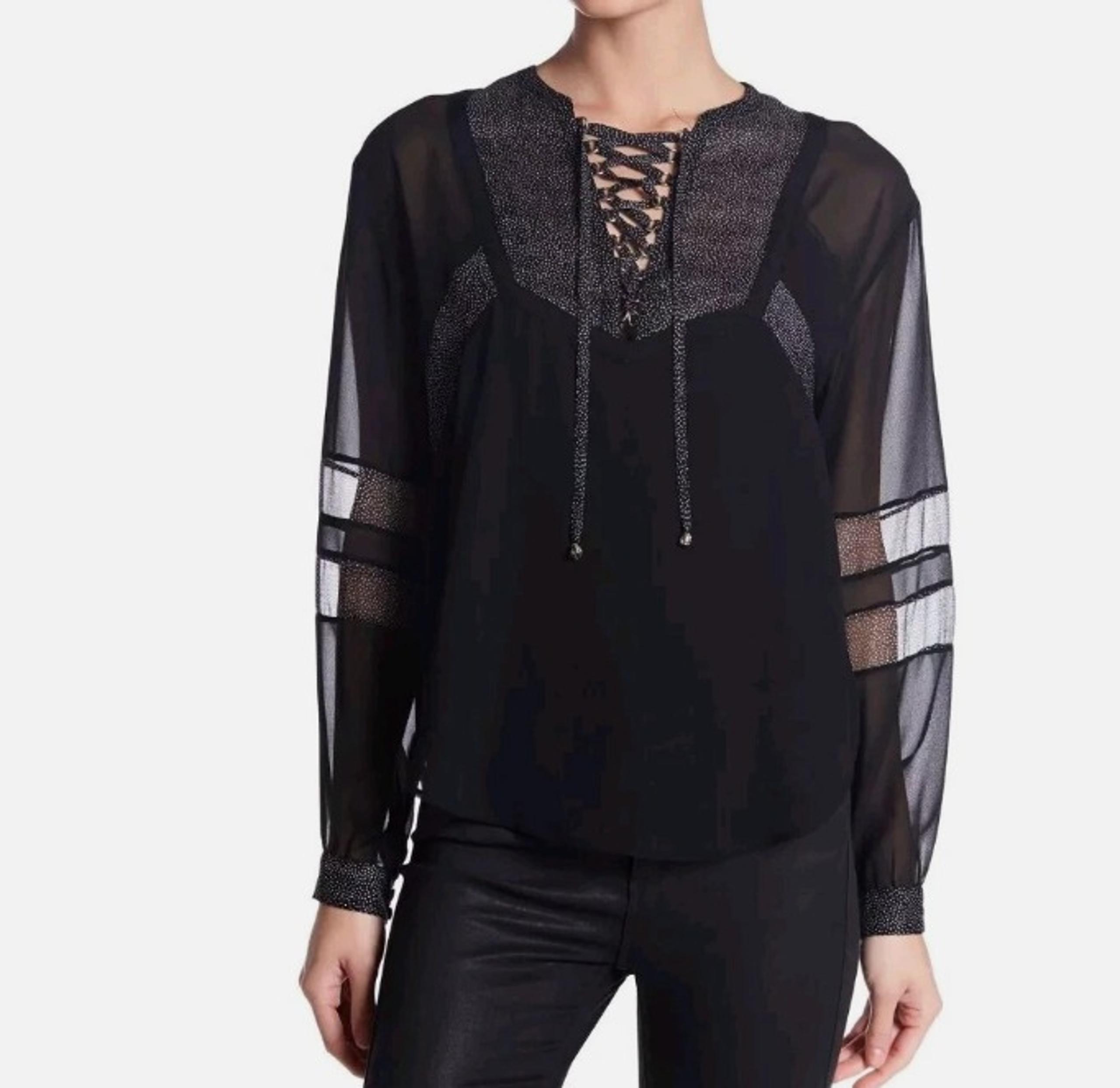 The Kooples Lace Up Sheer Lace Up Blouse in Black - WOmen's XS