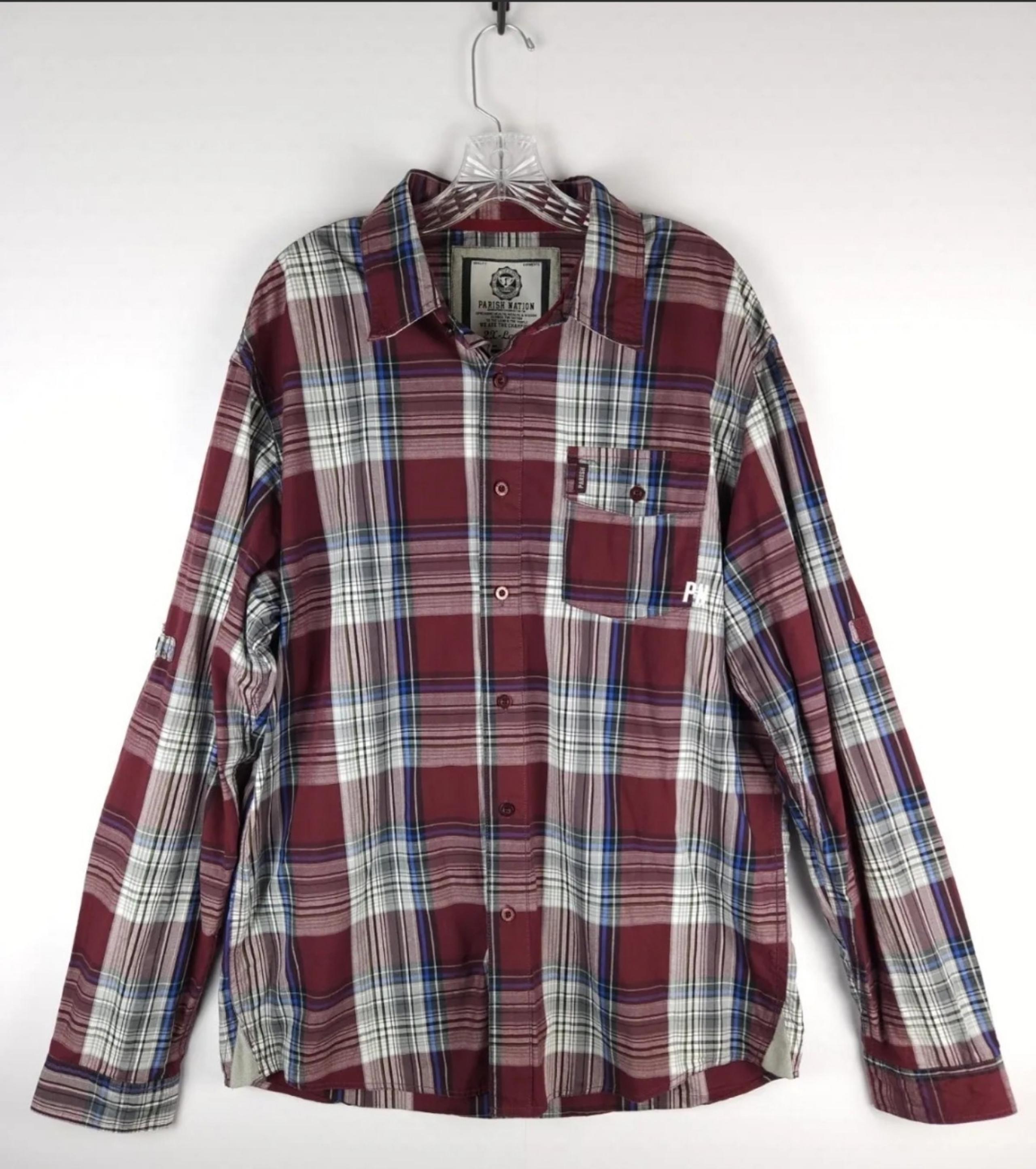 Parish Nation Button Up Men's Shirt 2XL Red plaid Long Sleeve 100% Cotton