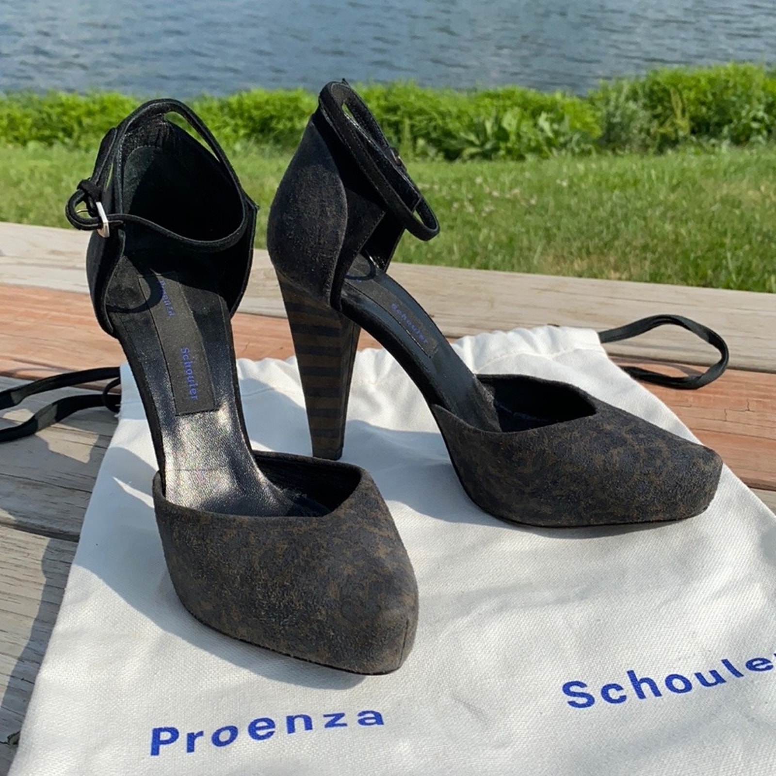 Proenza Schouler Women Tan Blue Suede Leopard Print D'Orsay Heeled Pumps 36