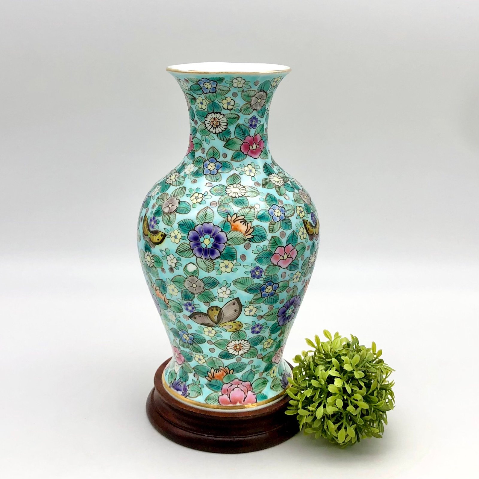 Japanese Porcelain Vase Butterfly Floral 8” Marked Bottom With Wood Base Vintage