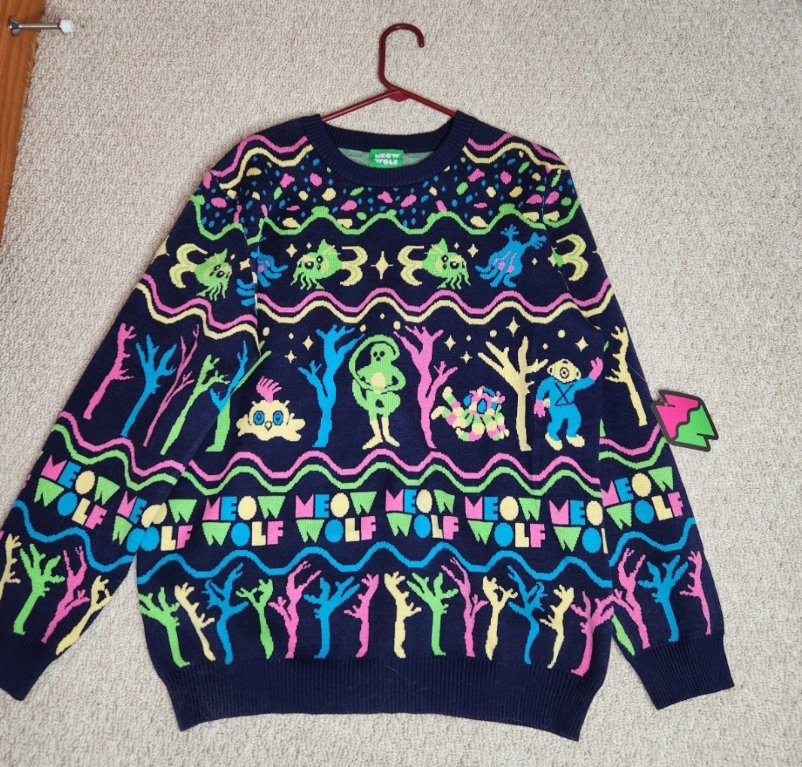 Rare Ugly Christmas Sweater Meow Wolf Festival omega Mart real Unreal vintage L