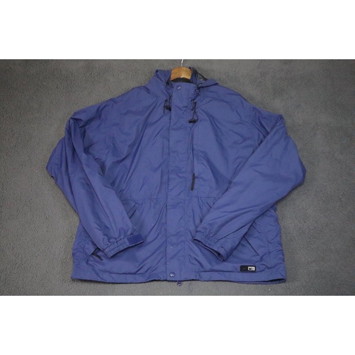 REI Windbreaker Jacket Mens 2XL Blue Hooded Full Zip Outdoor Hiking Long Sleeve