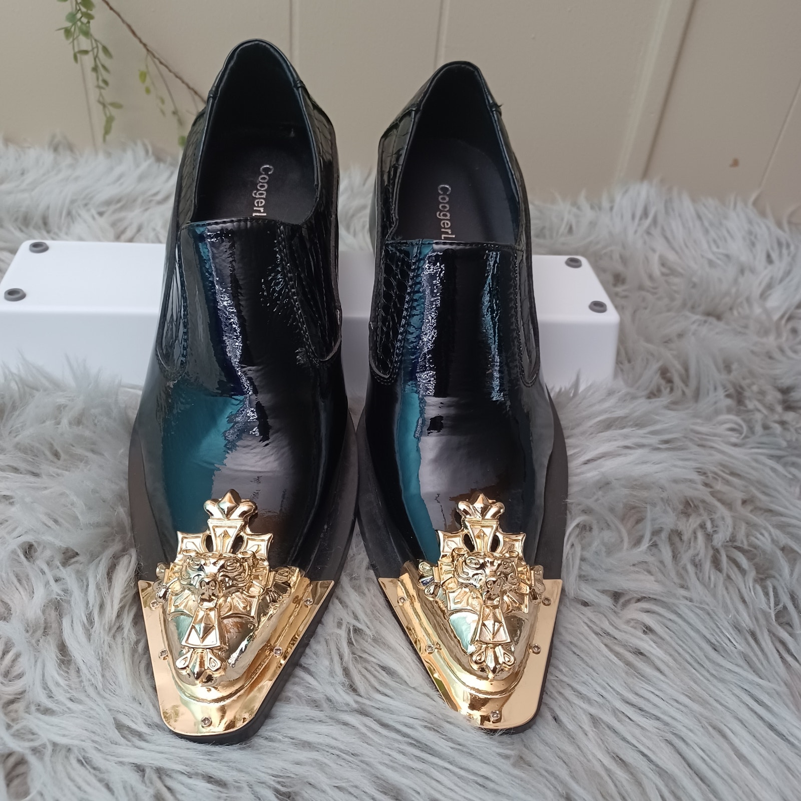 Men Pumps Slip On Real Leather Metal Pointy Toe Formal Dress Business Flat Shoes