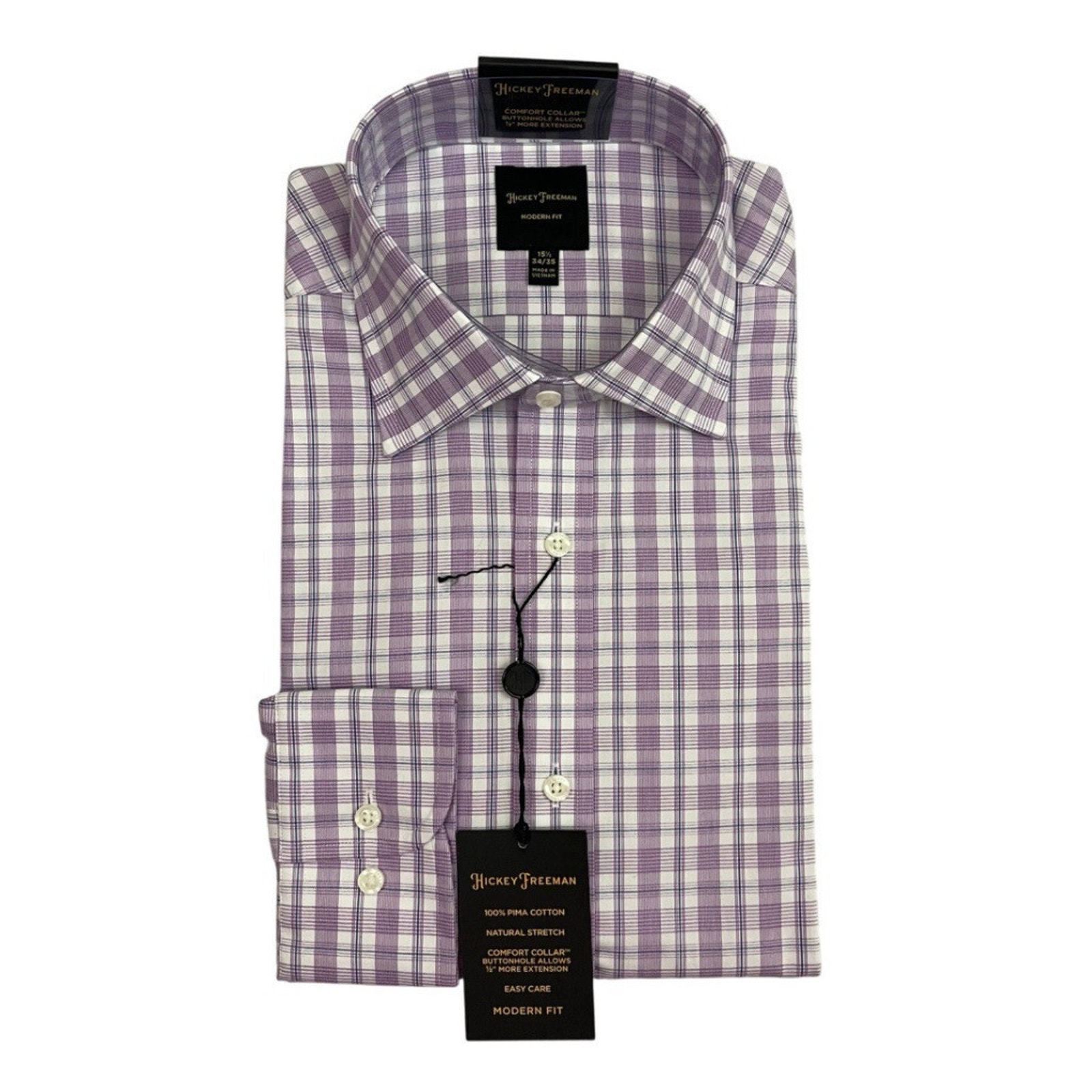 Hickey Freeman Mens Dress Shirt 15.5 34/35 Purple Plaid Modern Fit Stretch Pima