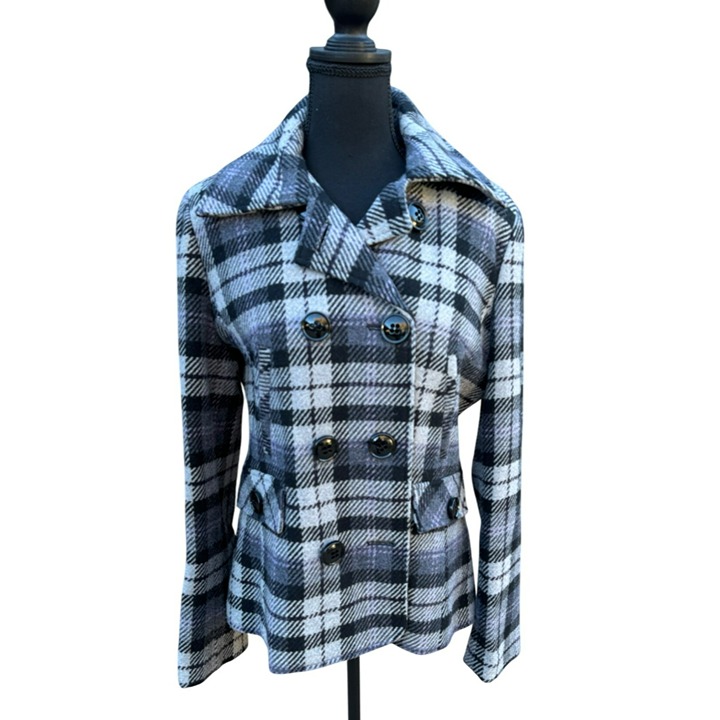 VTG 80s Maralyn Me Preppy Academic Plaid Wool Double Breasted Peacoat Jacket