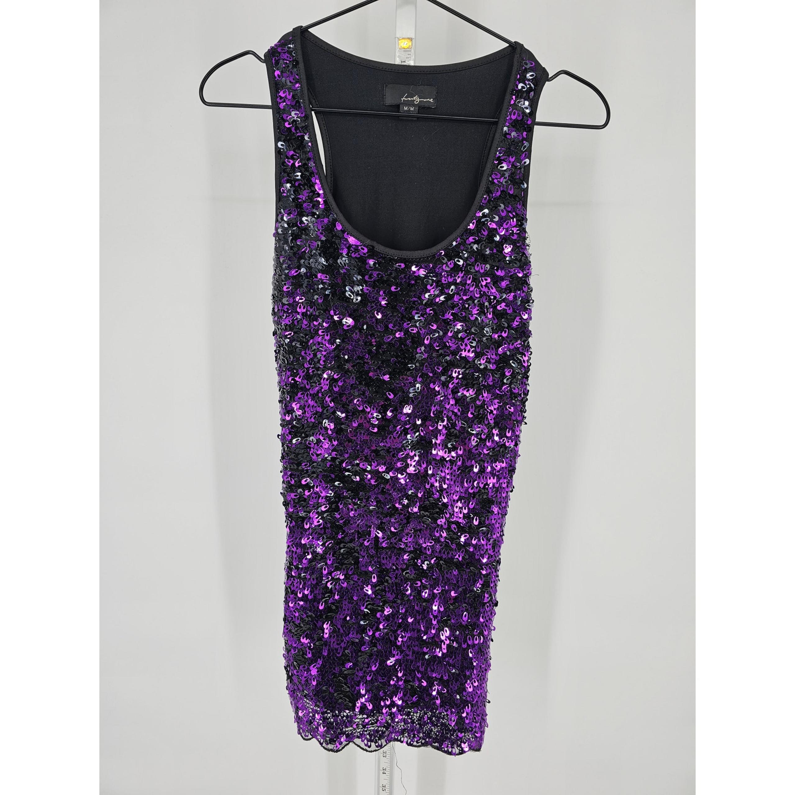 Forever 21 Womens Sz M Mini Dress Black Purple Sequin Front Cocktail Sleeveless