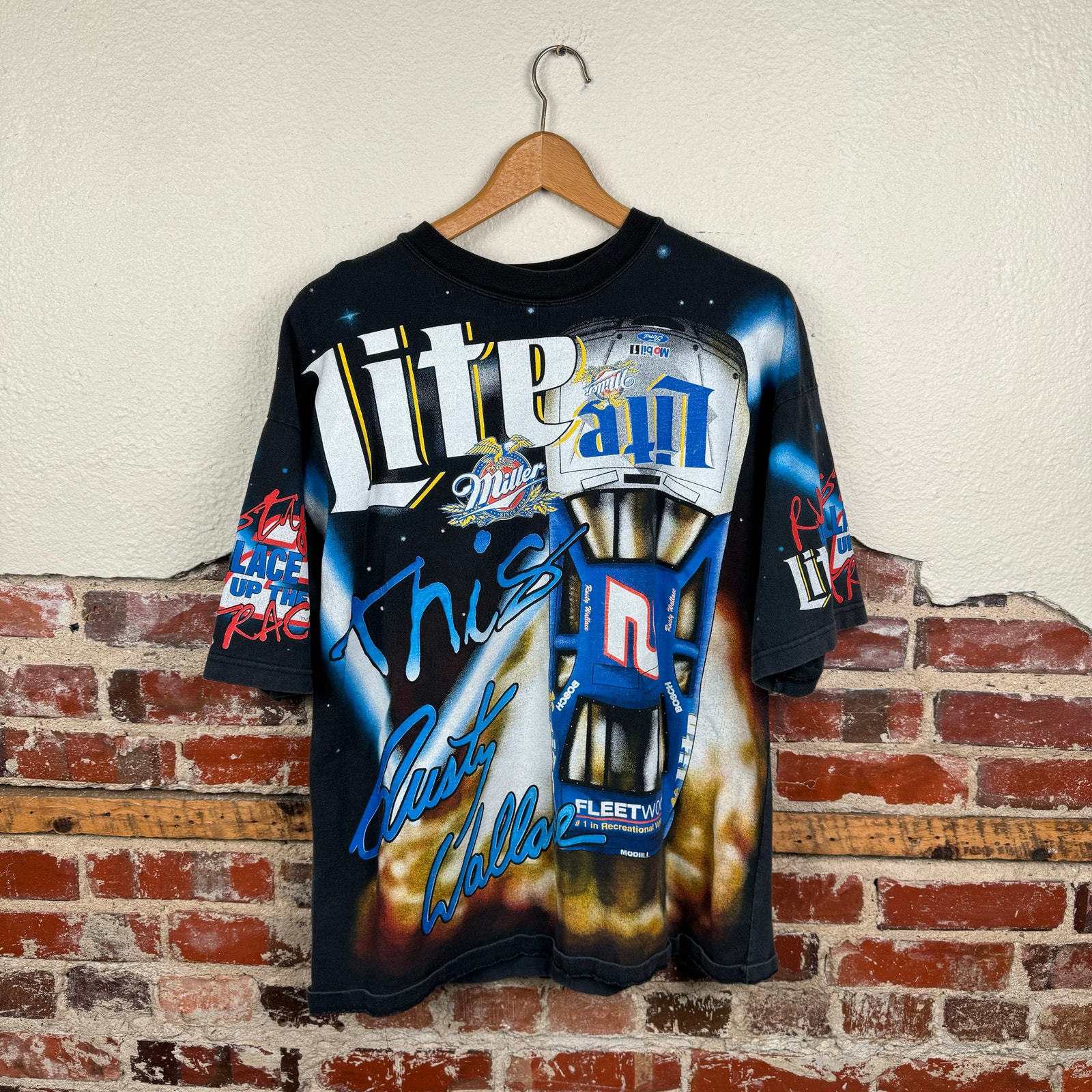 Vintage Rusty Wallace Shirt Large Black AOP Lite It Up Miller NASCAR Racing 1997