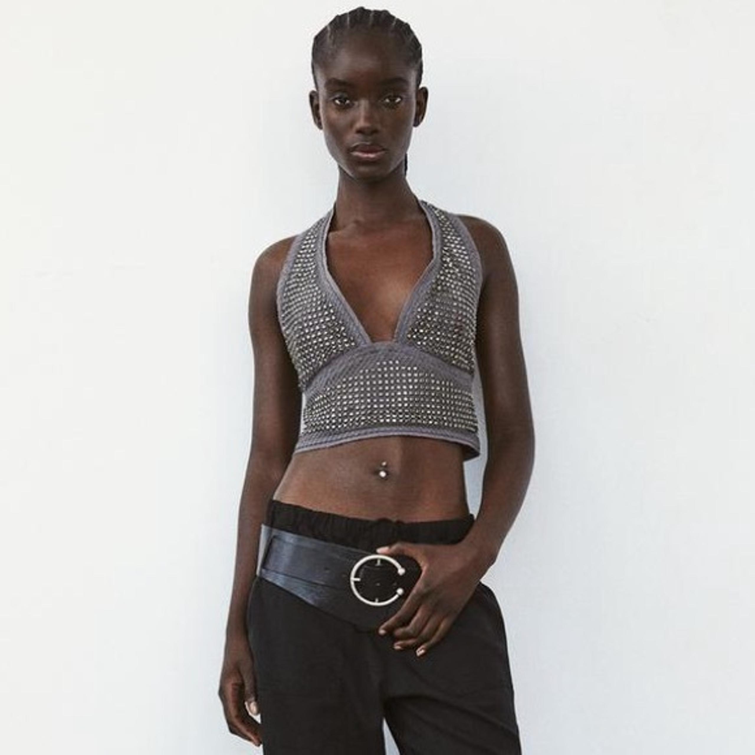 NWT Zara Woman Beaded Studded SHINY HALTER NECK TOP Size M Medium