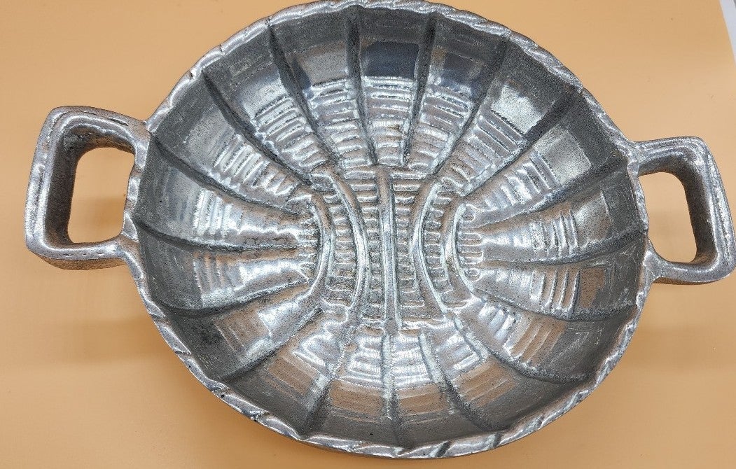 Antique Round Pewter Bowl Serving Platter Swirl Embellishments 2 Handles 10in