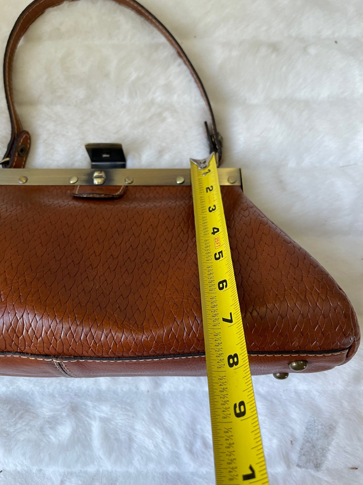 Patricia Nash vintage leather embossed tan Satchel distressed shops metal frame .and h
