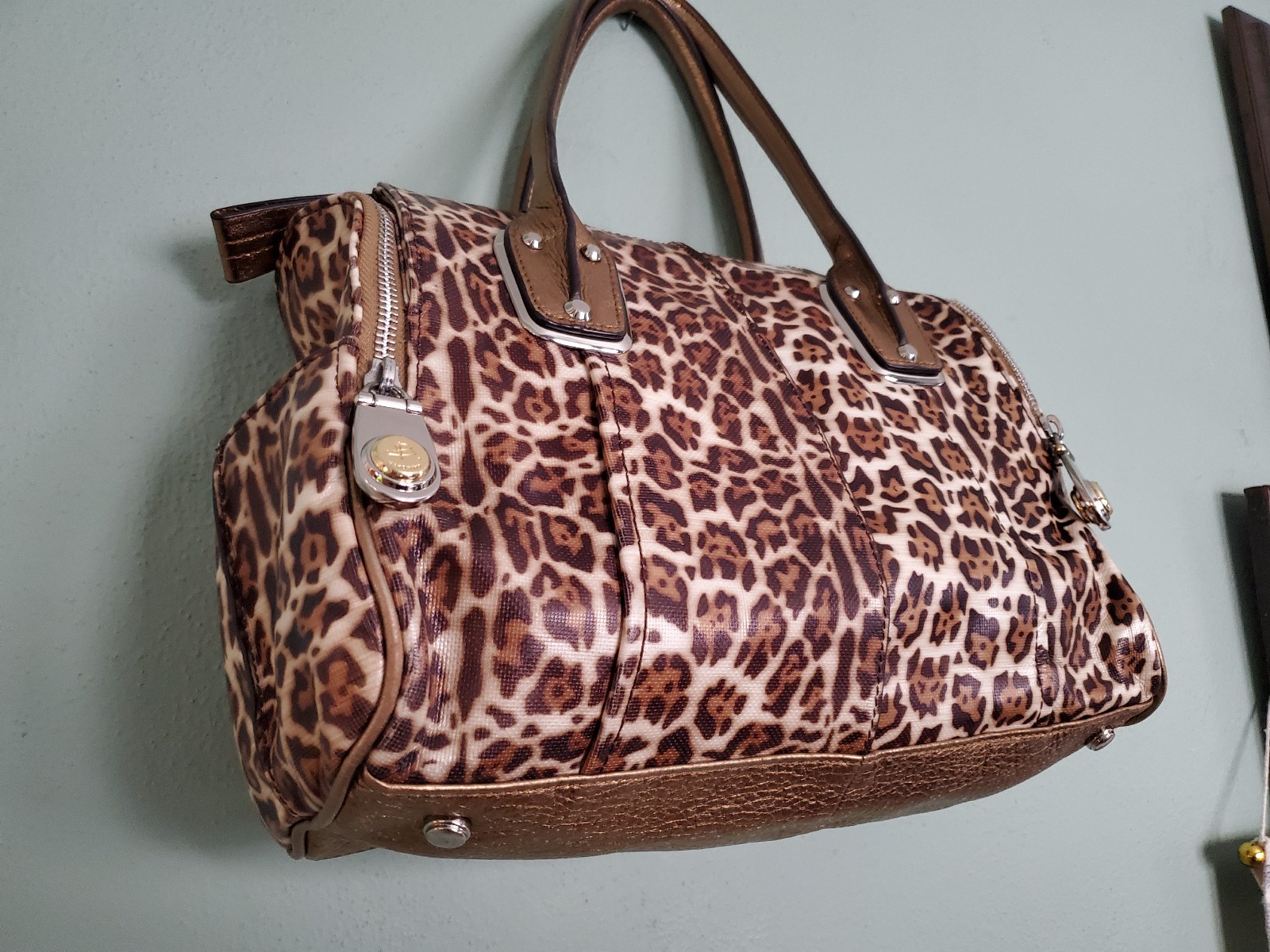 B. Makowsky Cheetah Print 100% Leather Purple Lined Handbag