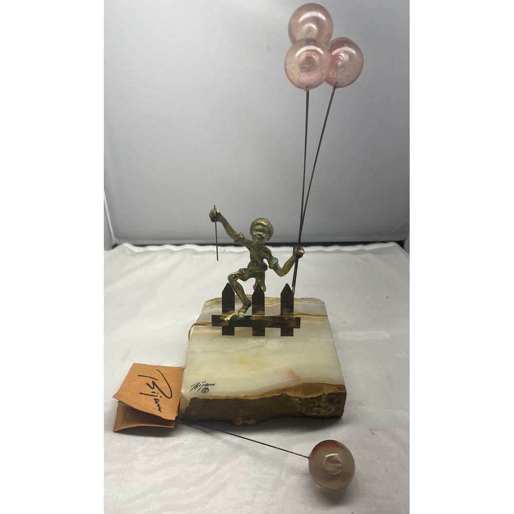 Vintage 1960s Bijan Art Metal Jester W/Balloons Sculpture On Quartz Base