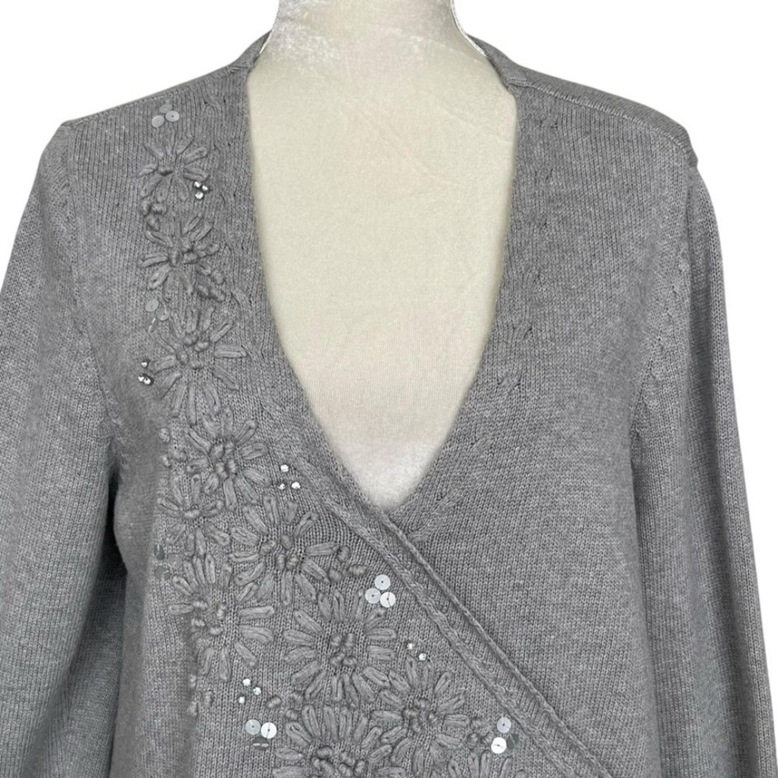Soft Surroundings Wool Cotton Sweater Size XL Floral Appliqué Faux Wrap Grey