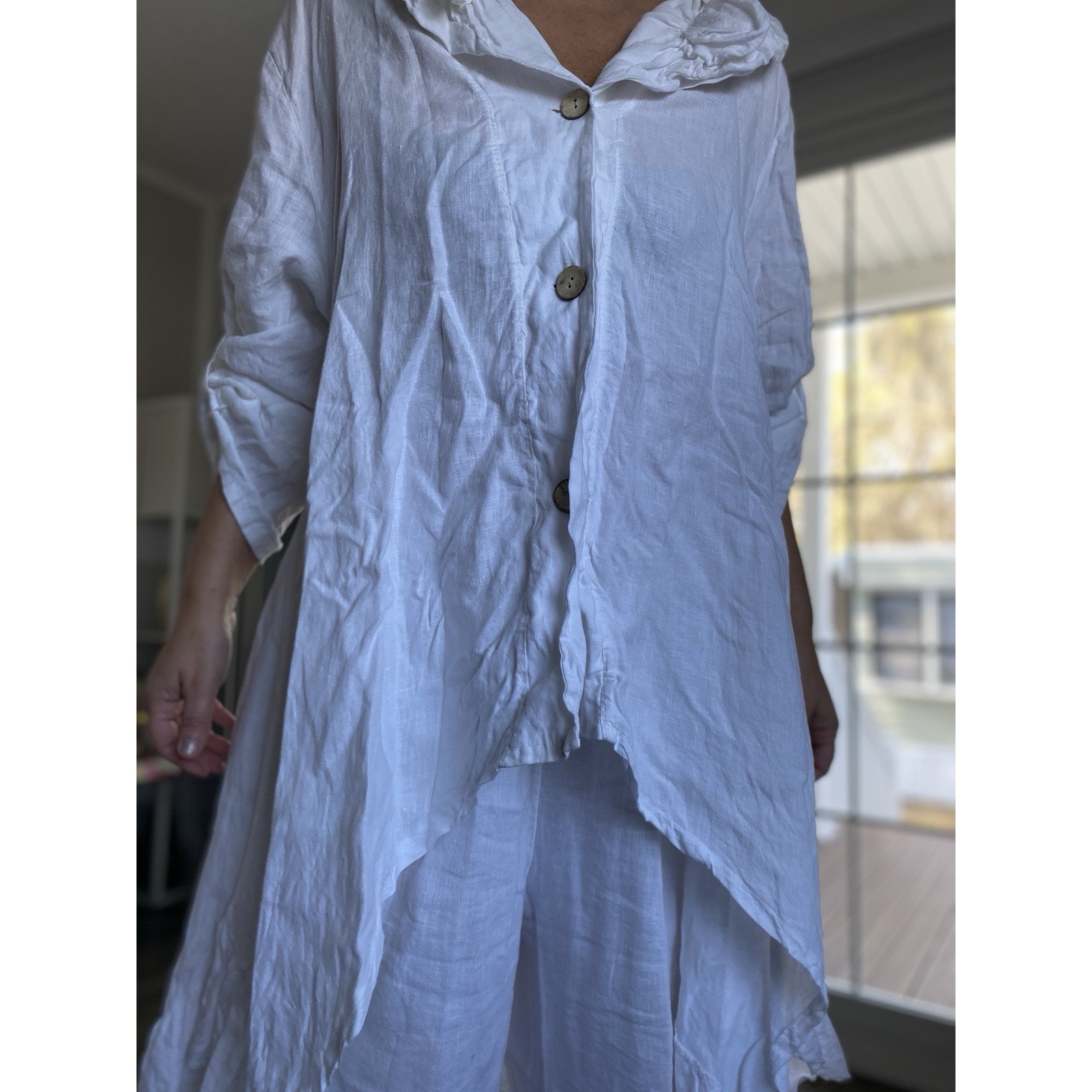 TEMPO PARIS Linen suit boho style Top M trousers wide very comfortable L