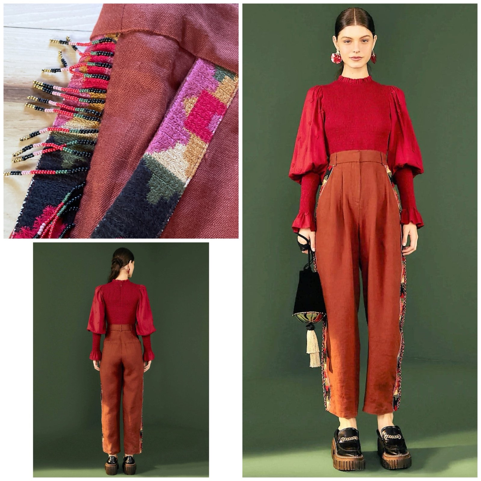 EUC Farm Rio Terracotta Brown Carrot Beaded Tassel Embroidered 100% Linen Pant L
