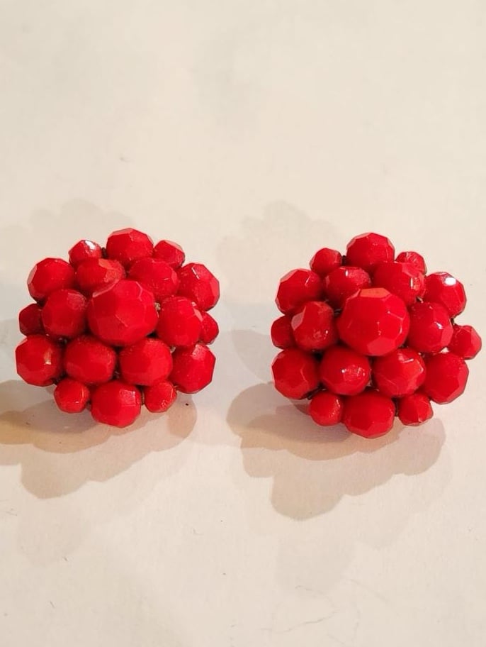 Vintage Jonne by Schrager Rare Red Beaded Cluster Earrings