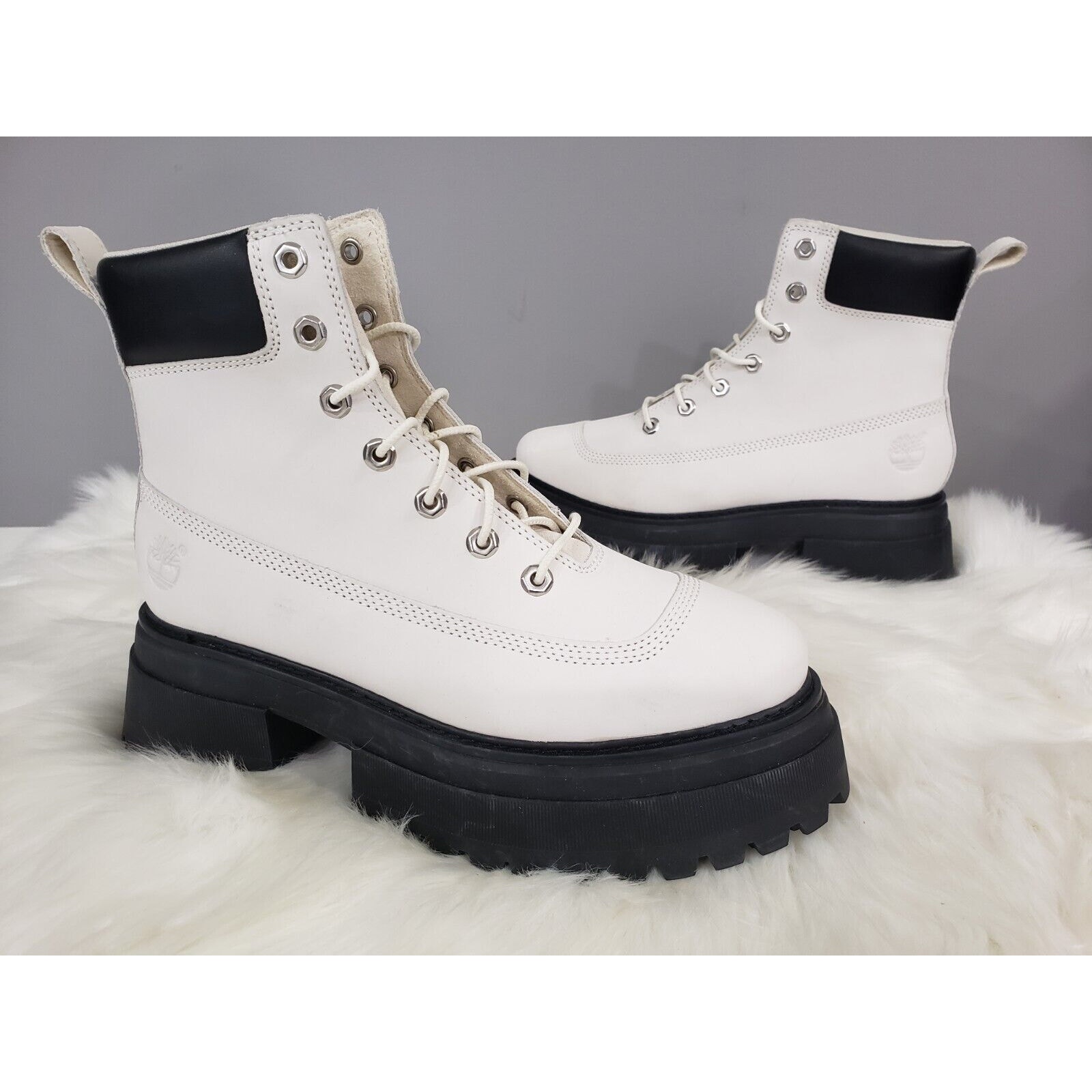 NEW Size 9 TIMBERLAND Sky 6-Inch Lace Up White Nubuck Platform Boots Punk Grunge