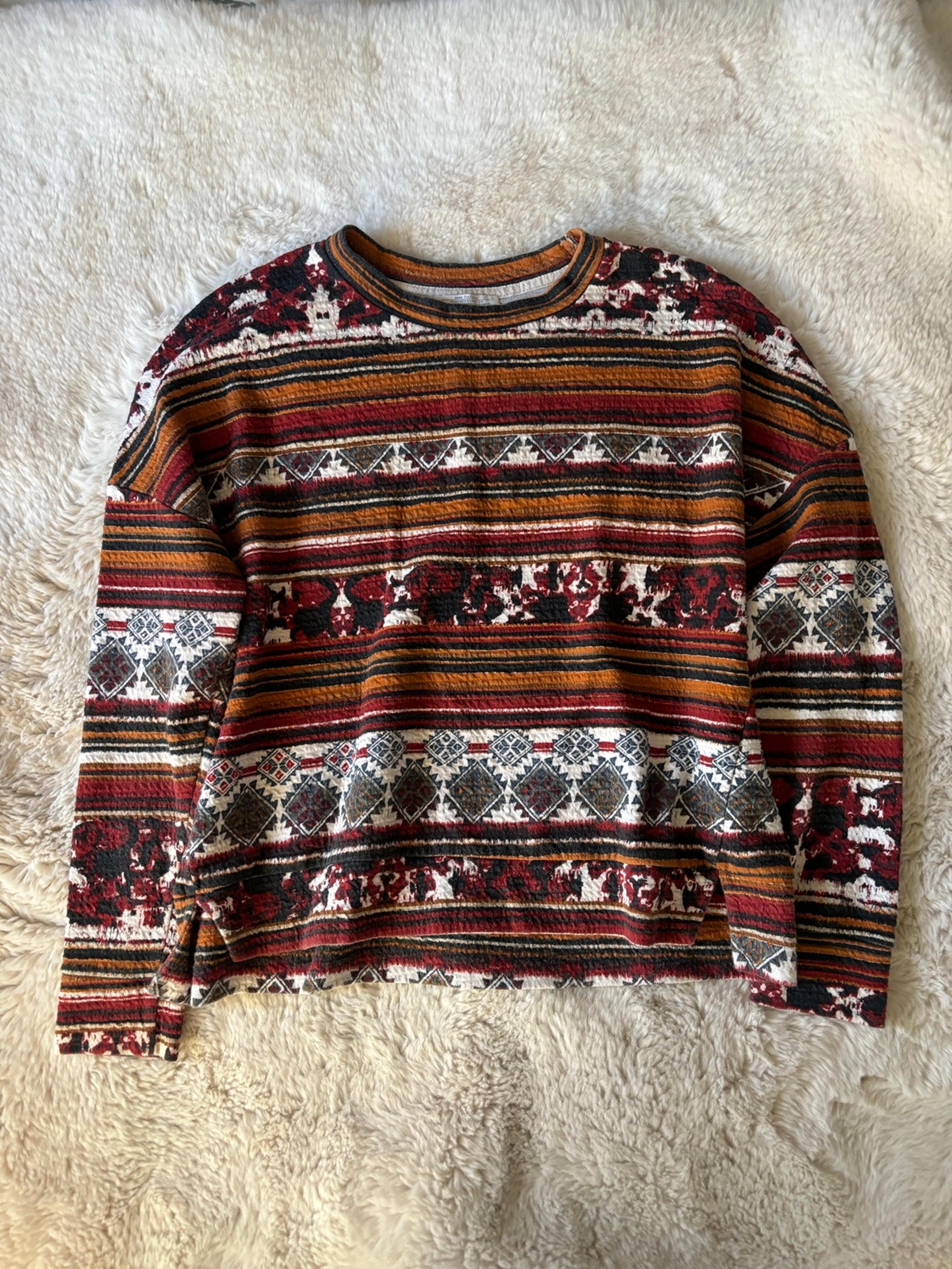 Zara - Oversized Textured Southwestern Aztec Print Boxy Long Sleeve Top