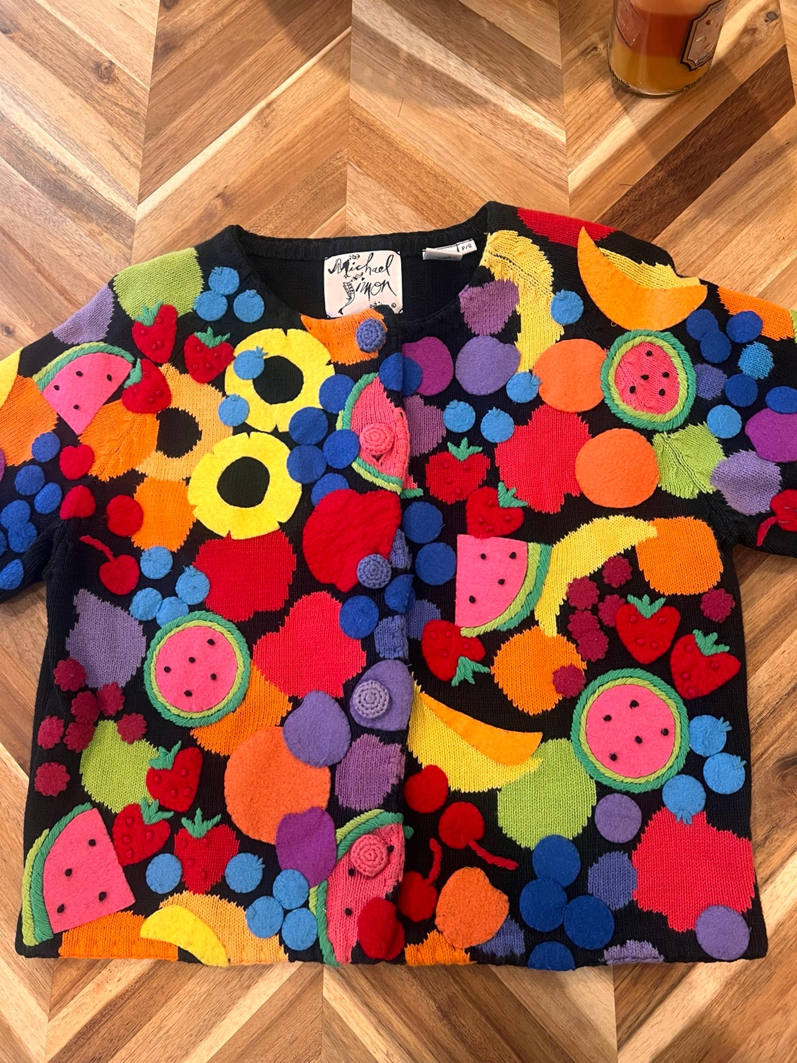 Michael Simon Vintage Fruit Citrus Embroidered Sweater Strawberry Watermelon