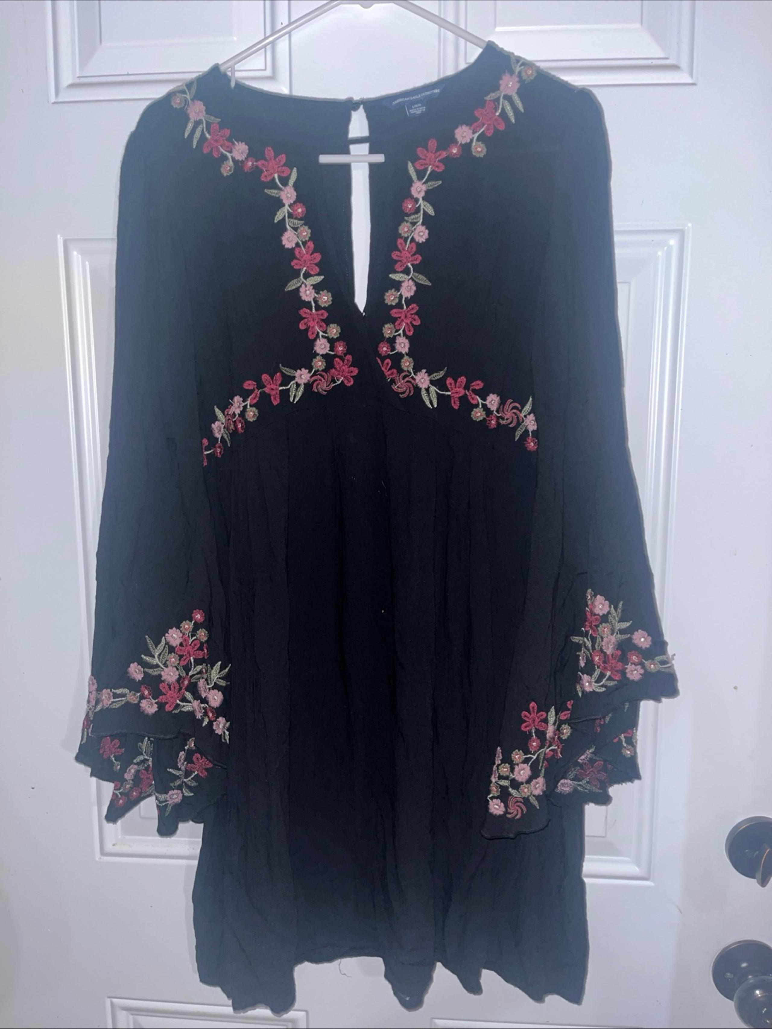 American Eagle Women’s Dress L Black Embroidered Floral Cottage Peasant Milkmaid