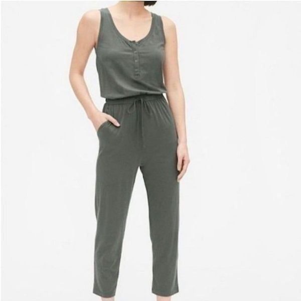 GAP Sleeveless Knit Henley Tie Waist Jumpsuit vintage Green Tencel lyocell -S