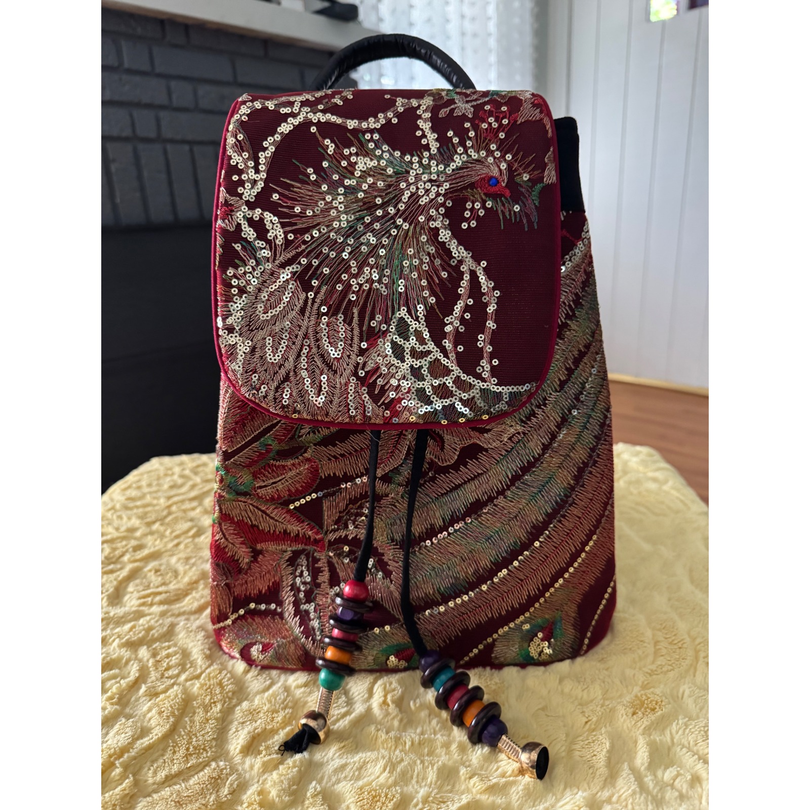 Embroidered Peacock Backpack Sequin Accents Drawstring Closure Travel Bag