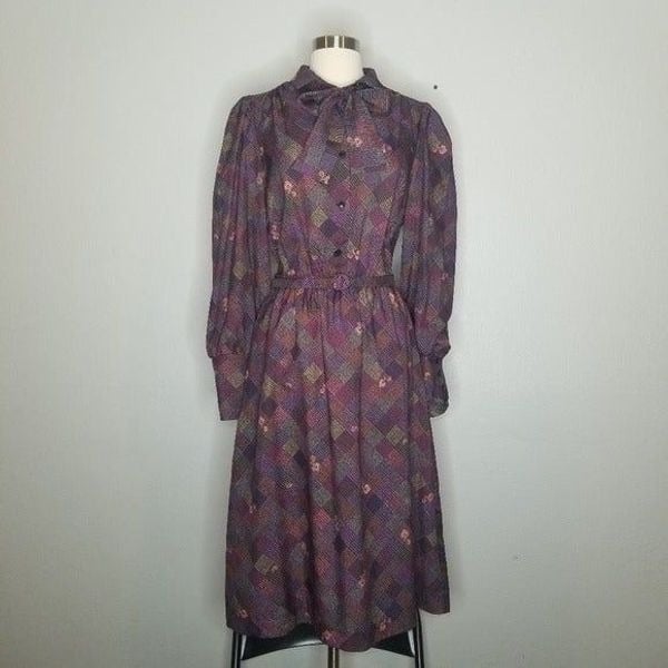 Vintage 70s Boho Cottagecore Patchwork Quilt Belted Prairie Dress Lg