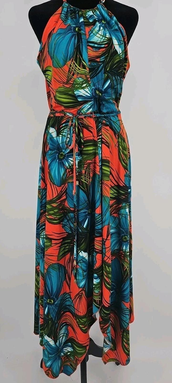 Frank Lyman Tropical Dress Sz 8 Scarf Hem Sleeveless Belted Dress