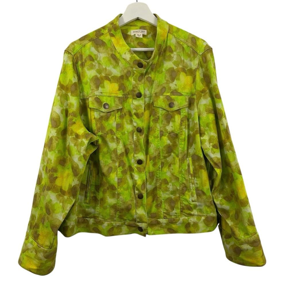 Coldwater Creek Womens Neon Green Floral Snap Button Down Jacket Size 24
