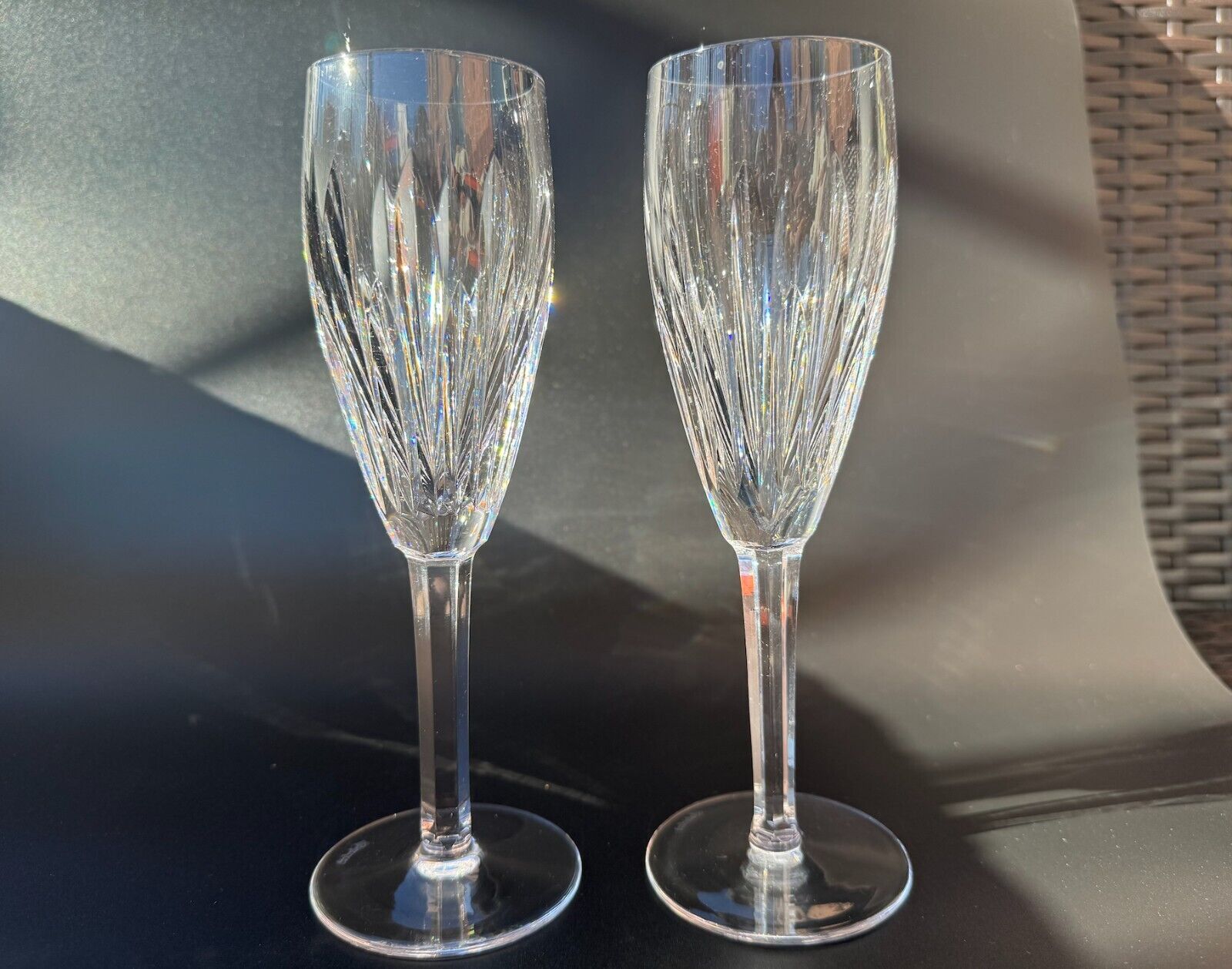 Gorgeous Pair of WATERFORD CRYSTAL Carina Fluted Champagne Glasses, Ireland MINT