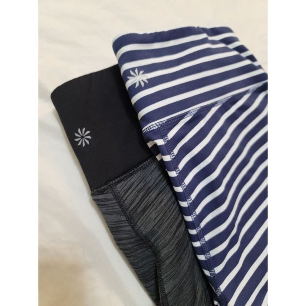 2 Athleta Black/Grey & Blue/White Stripe Size Small Leggings RN #54023
