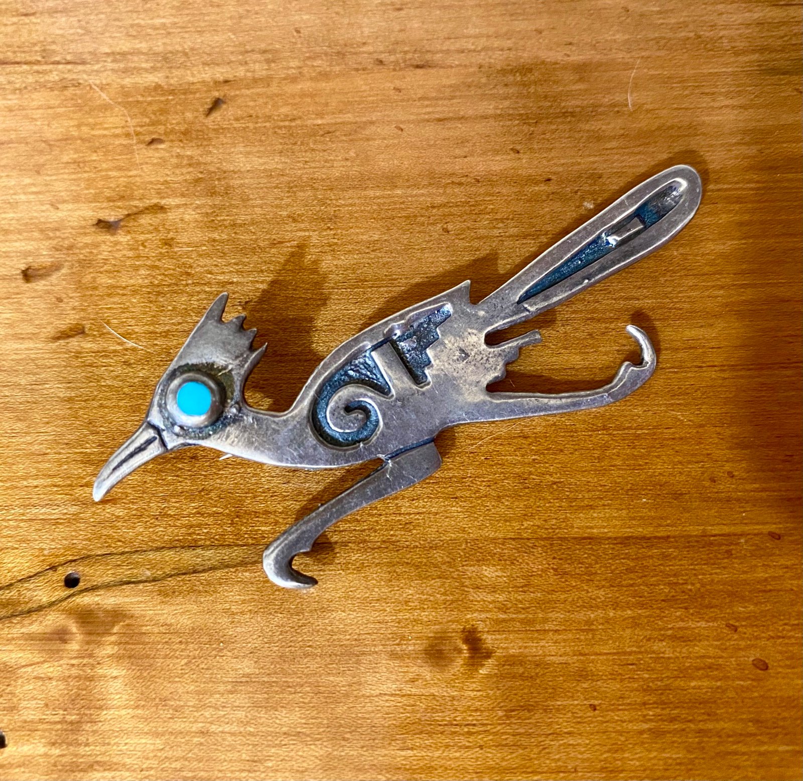 Vintage Native American Sterling Silver Roadrunner Pin Brooch with Turquoise Eye