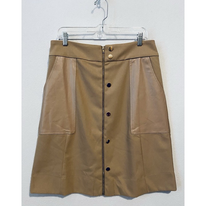 Ellie Makir Skirt Womens XL Tan Full Zip Midi Faux Leather Gold Buttons Preppy