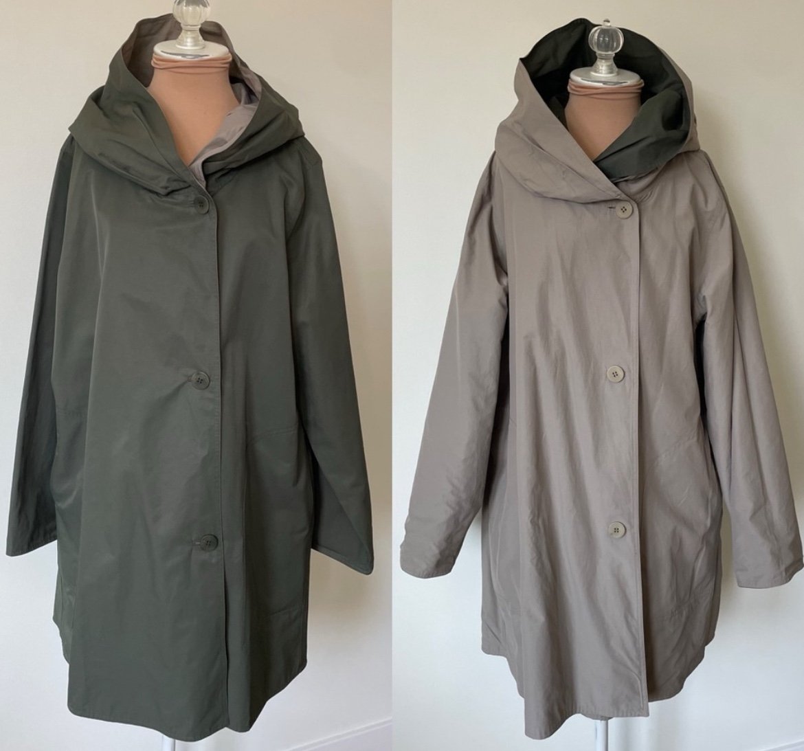 Eileen Fisher Organic Cotton Nylon Reversible Hooded Green Gray Jacket EUC Sz L