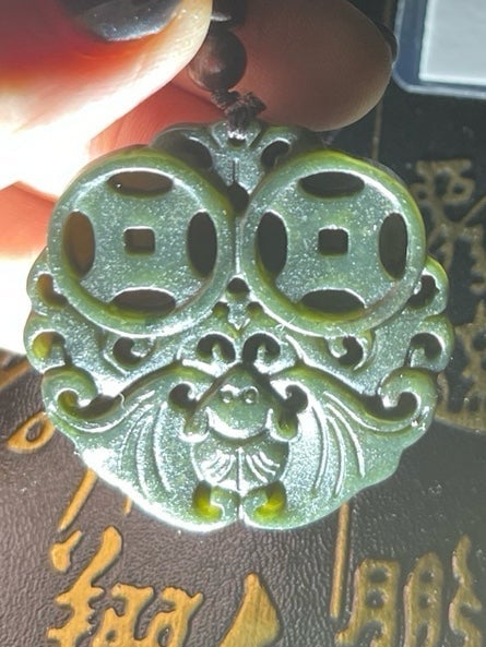 Certified genuine Burma Jade Bat and coins pendant, “Fast money coming “