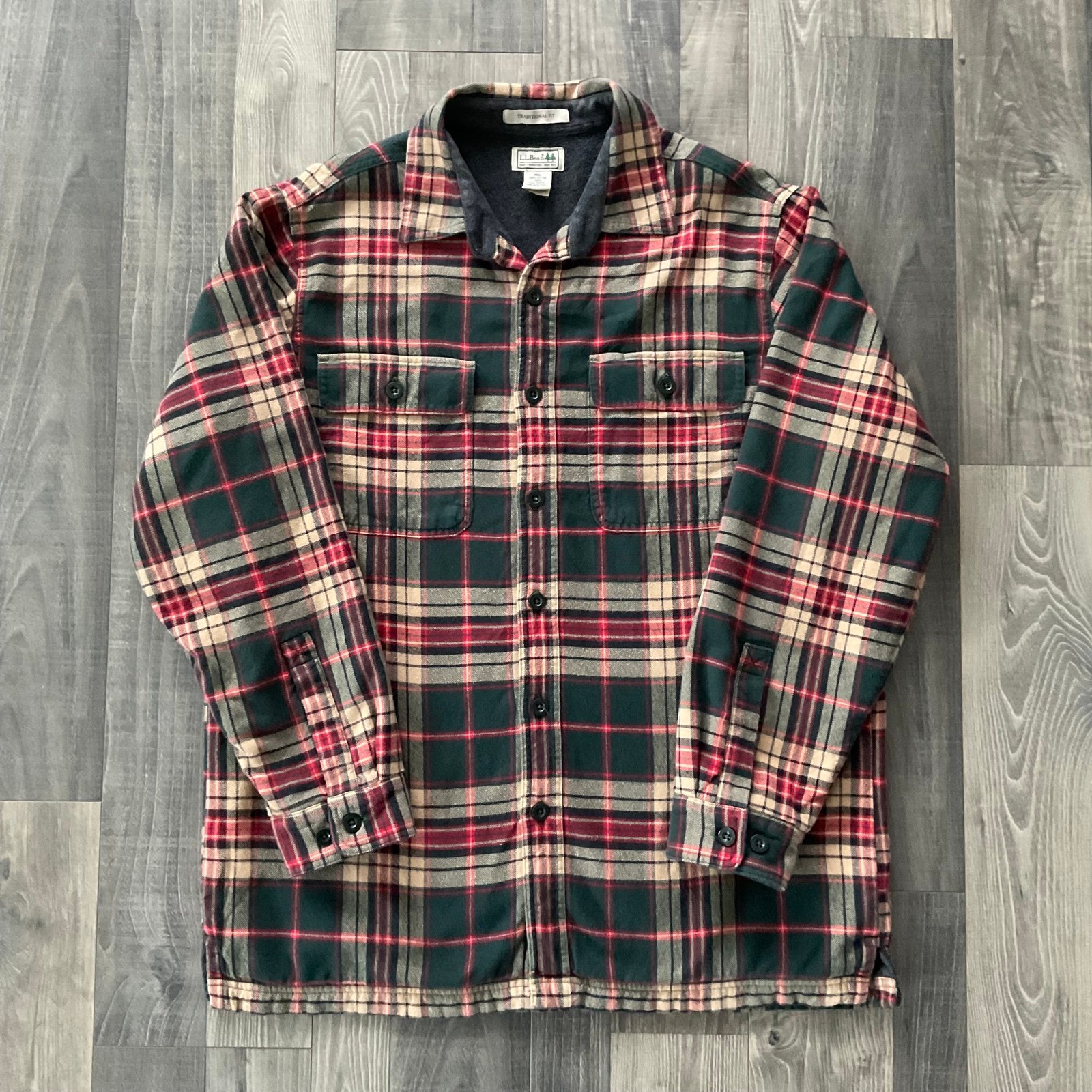 LL Bean Fleece Lined Flannel Shirt Shacket Men’s Medium Green Tan Plaid 250393