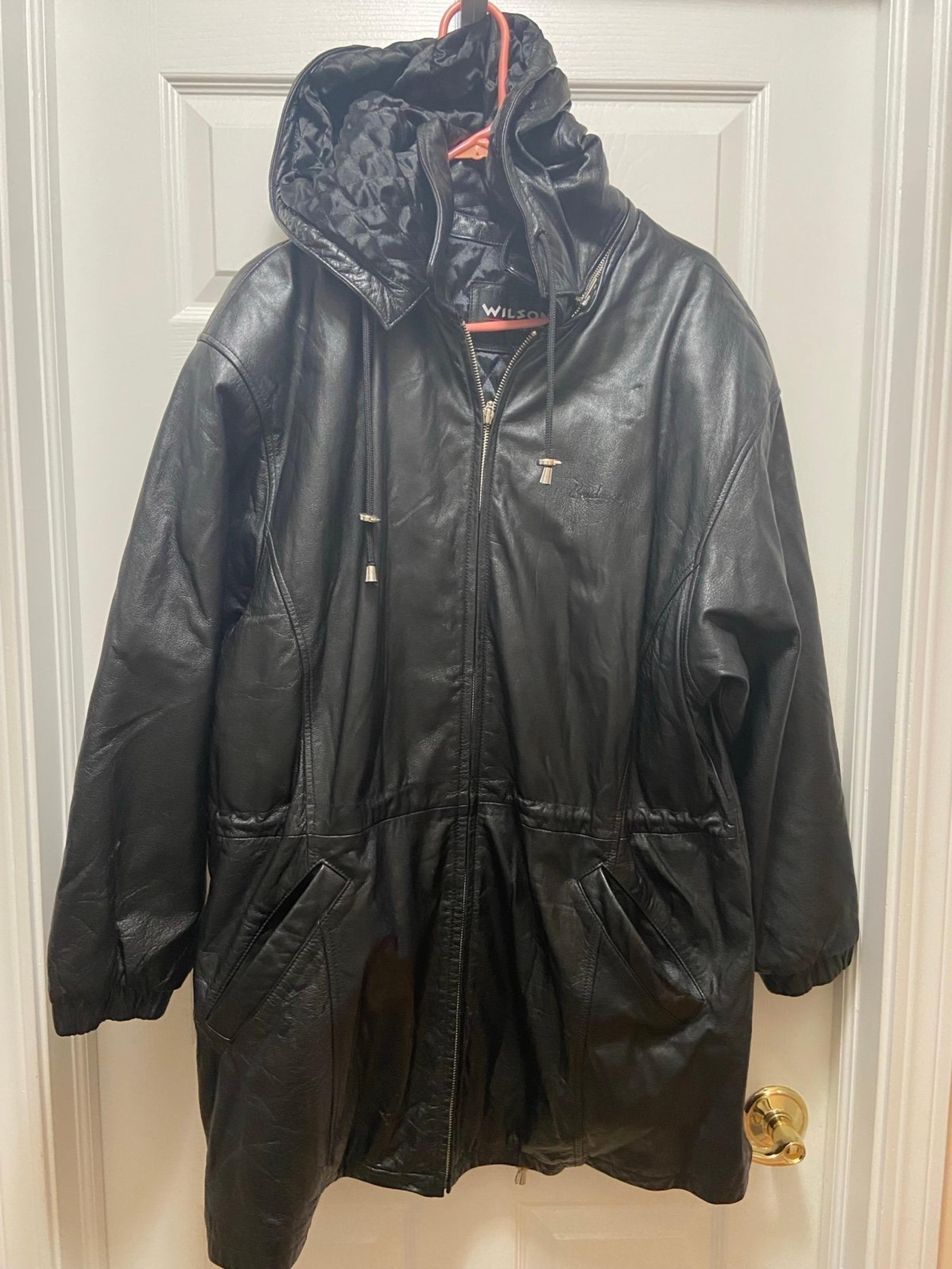 VINTAGE Wilsons Leather Jacket Men’s Large Black Hooded Quilted Lining Zip