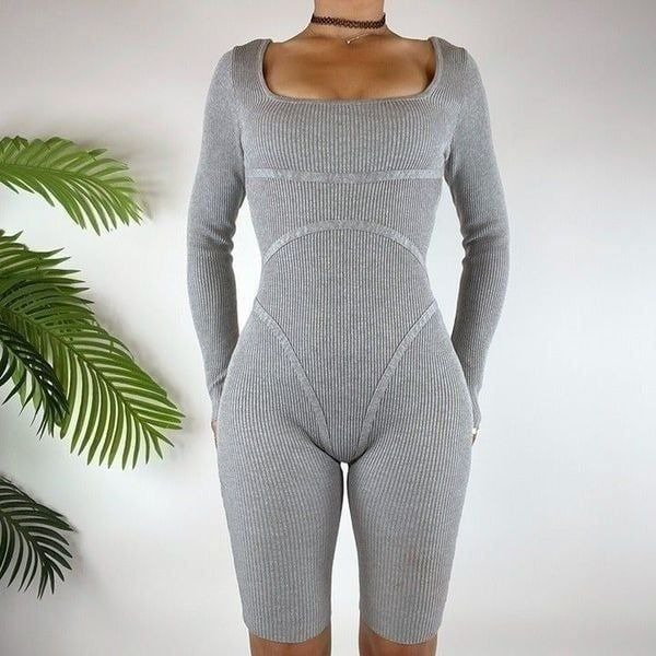 Y2K Inspired Grey Indie Grunge Ribbed Long Sleeve Shorts Bodysuit / Size: 5