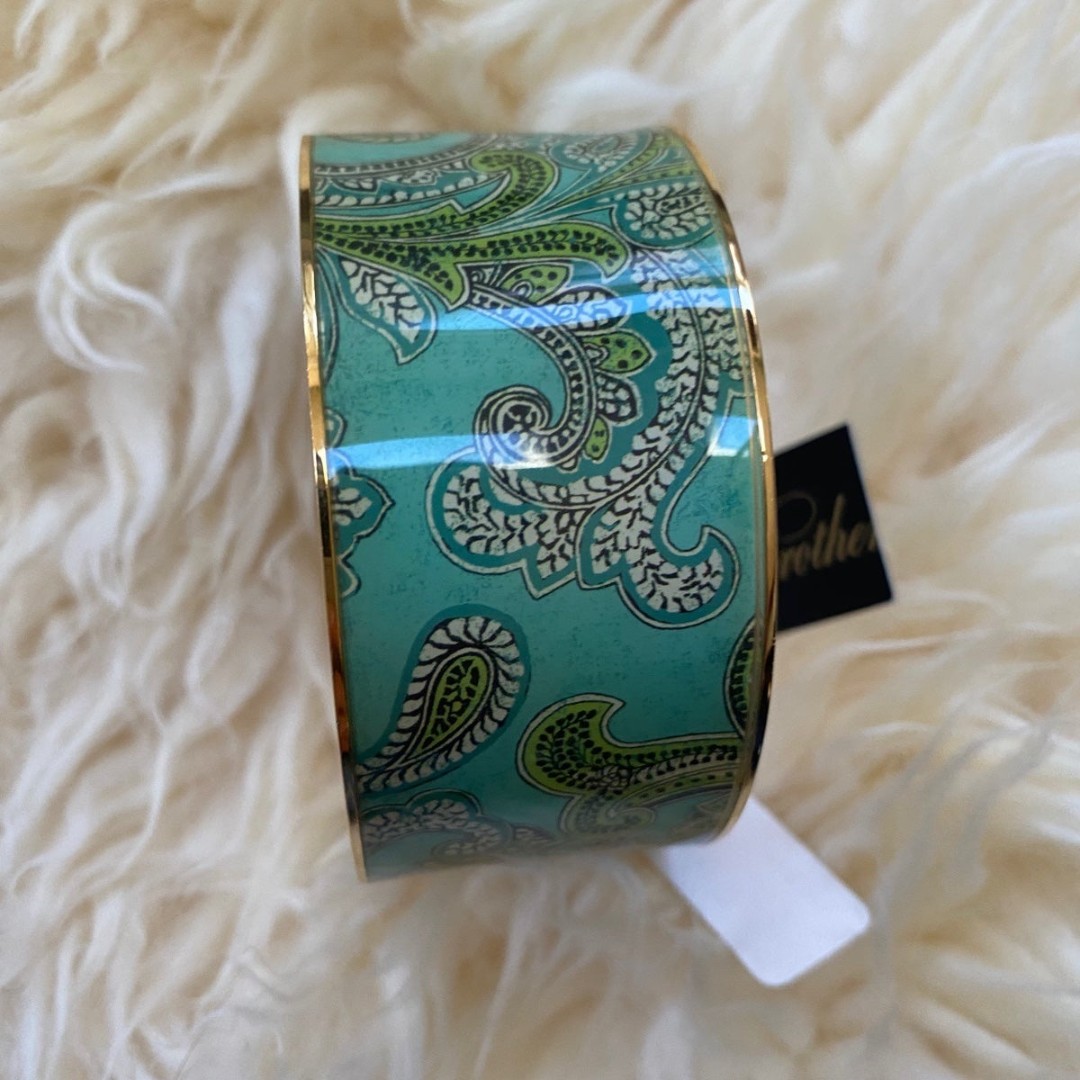 Vtg Brooks Brothers boho retro blue green paisley brass gold tone bracelet