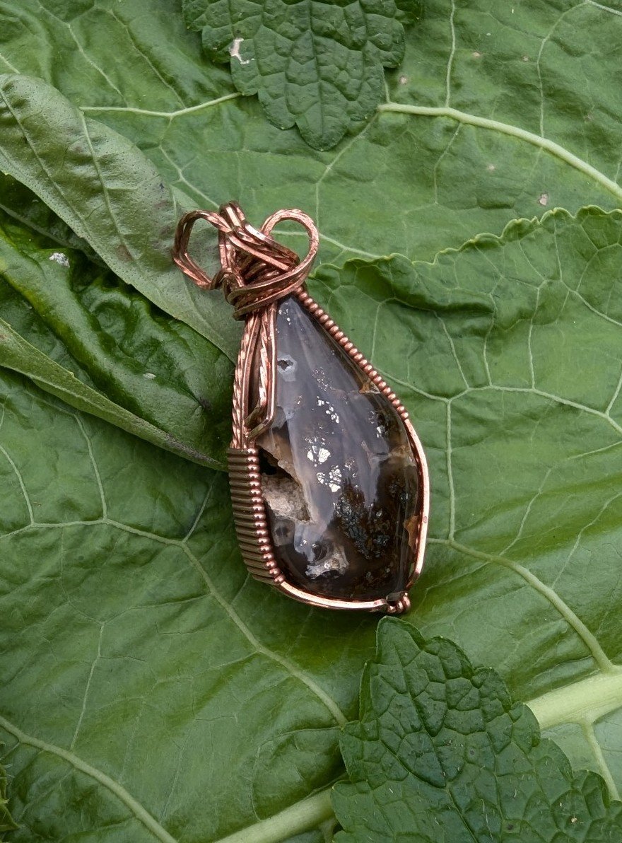 Nipomo Agate Cabochon from California, Wire Wrapped in Copper, Old Stock!