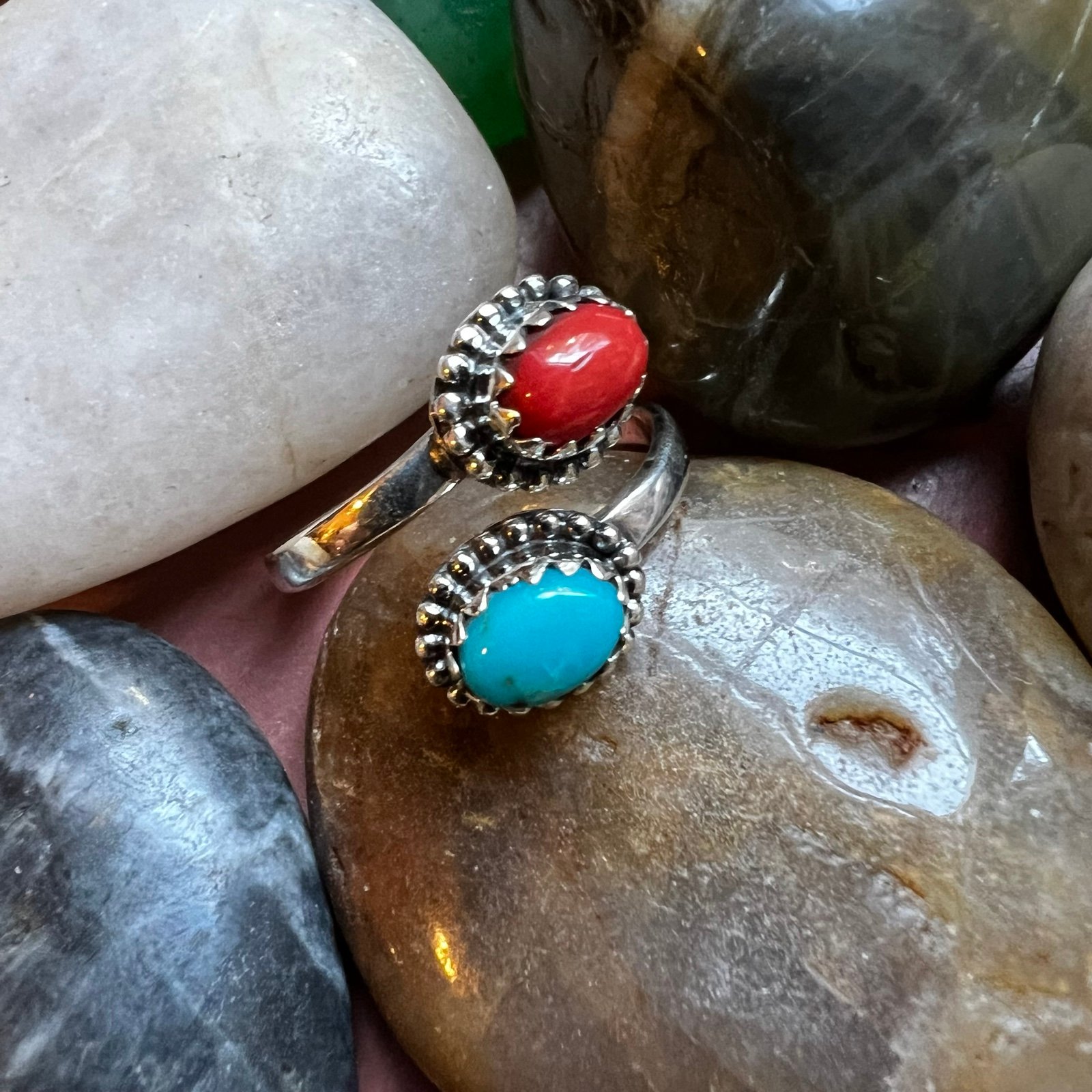 Southwestern Sterling Silver Bypass Ring With Kingman Turquoise & Italian Coral