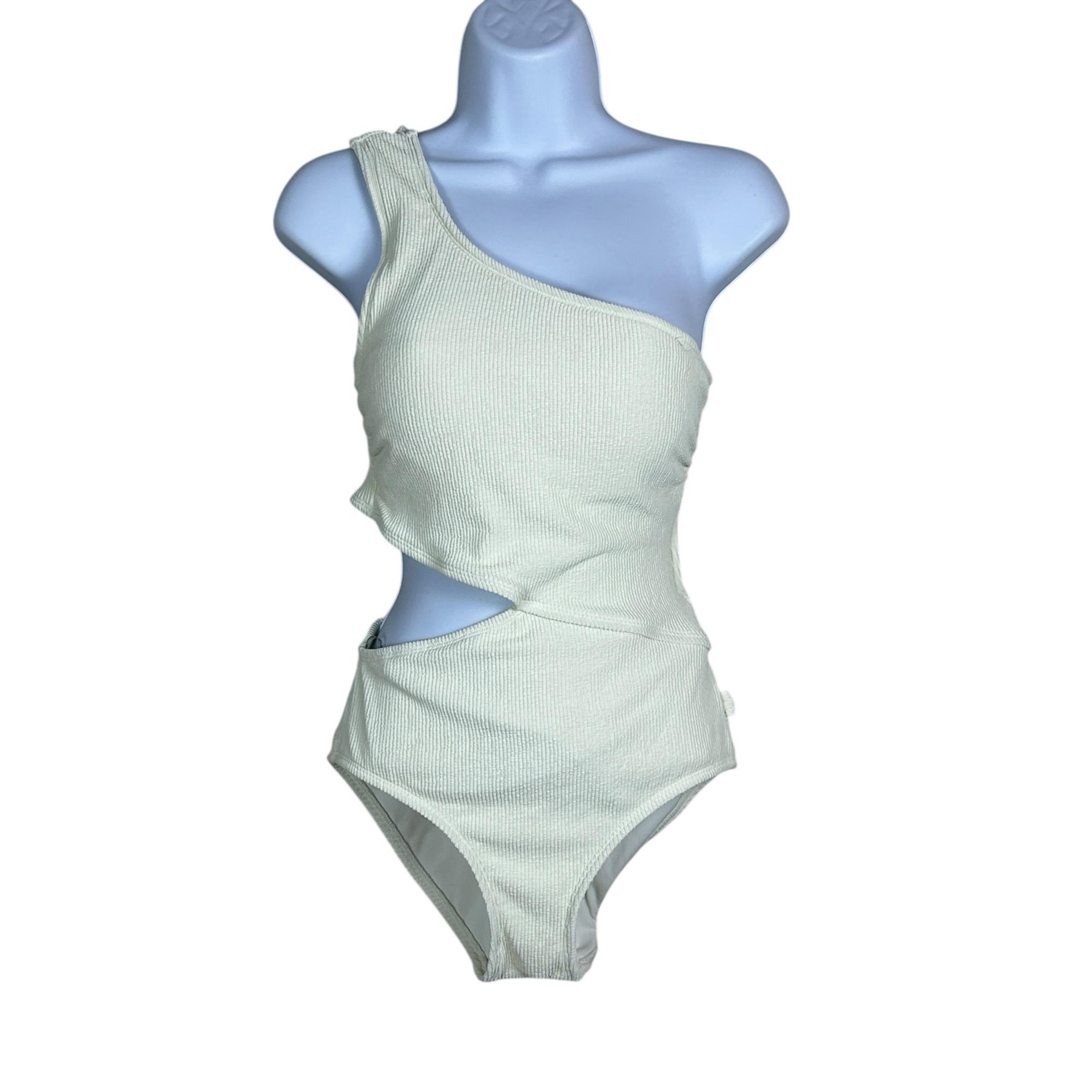 Michael MK Textured One Shoulder Cutout One Piece Swimsuit Cream Women 12 NWT