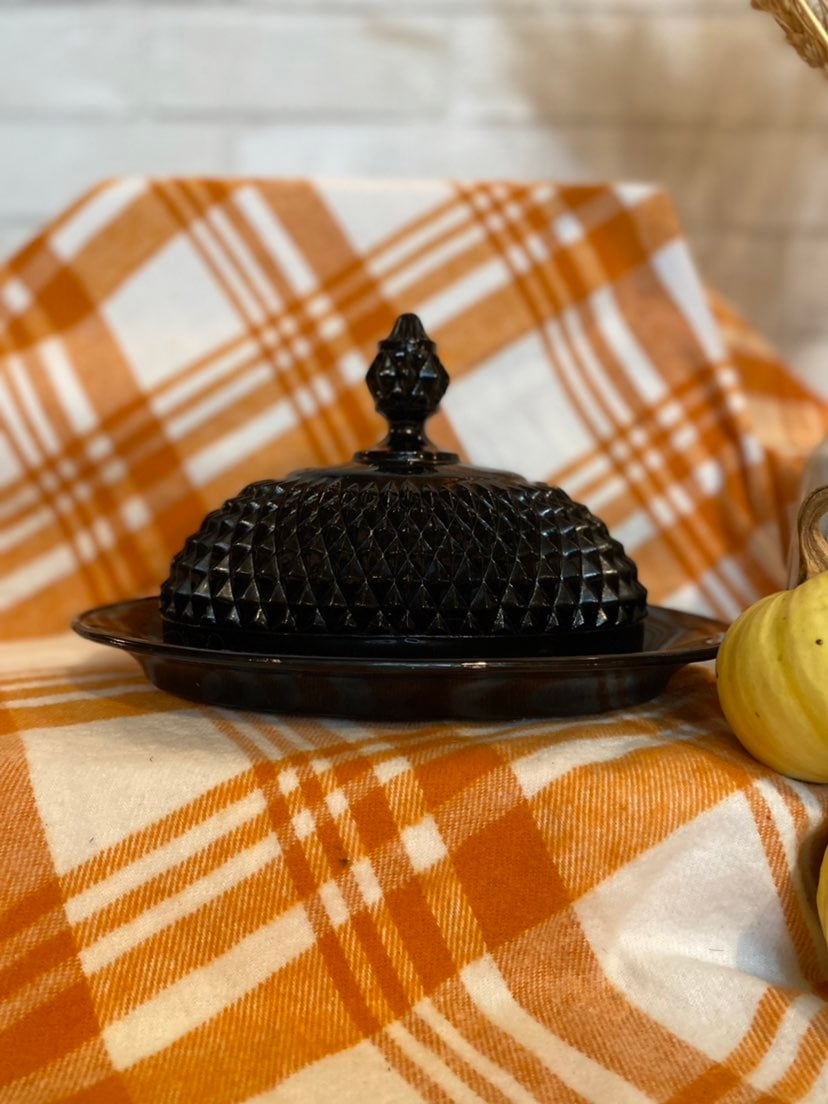 Indiana Glass Black Diamond Point Butter Dish