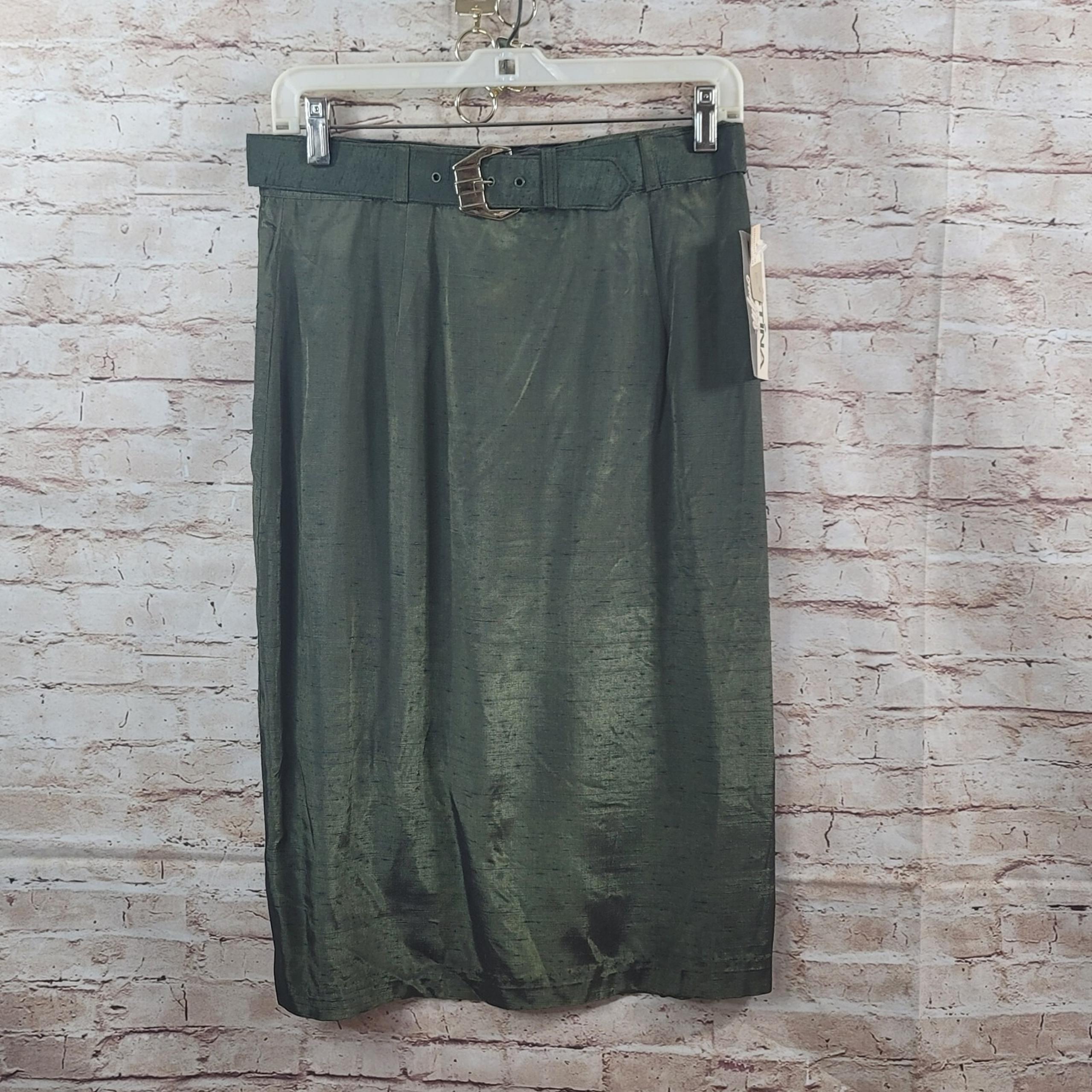 Vintage 1980s Christina Women Skirt Size 13/14 Green Shiny Belted. New Old Stock