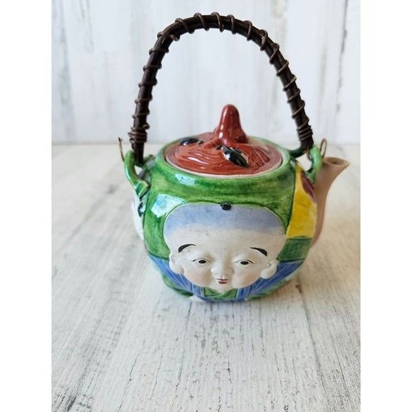Vintage banko japanese teapot face agateware sumida unique with handle