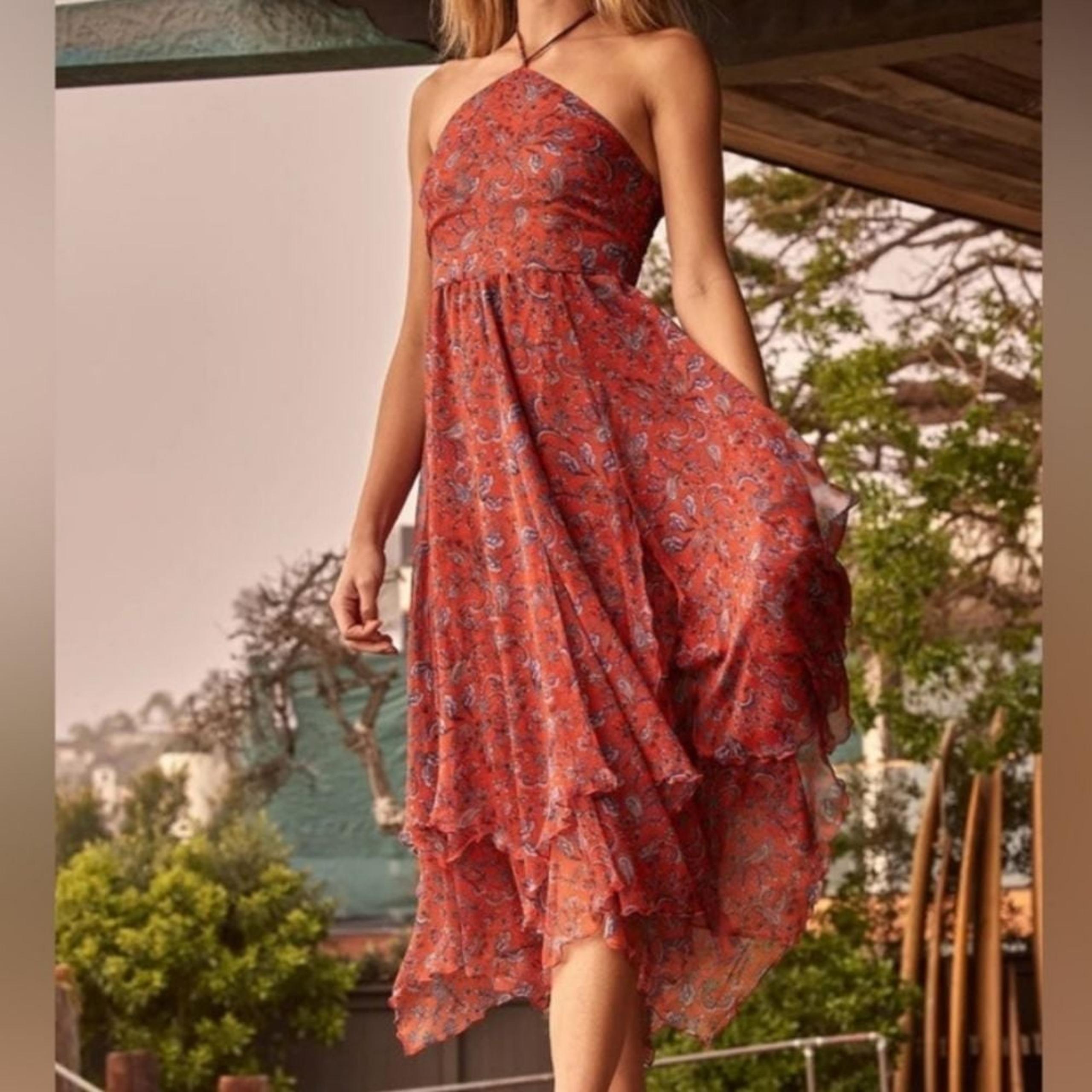 MISA Los Angeles Adele Paisley Halter Handkerchief Hem Dress