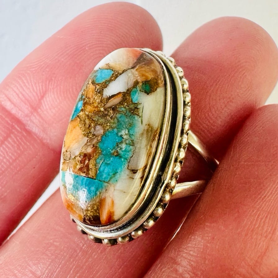 Sterling Silver 925 Turquoise Spiny Oyster Copper Gemstone Ring Size 9.5”